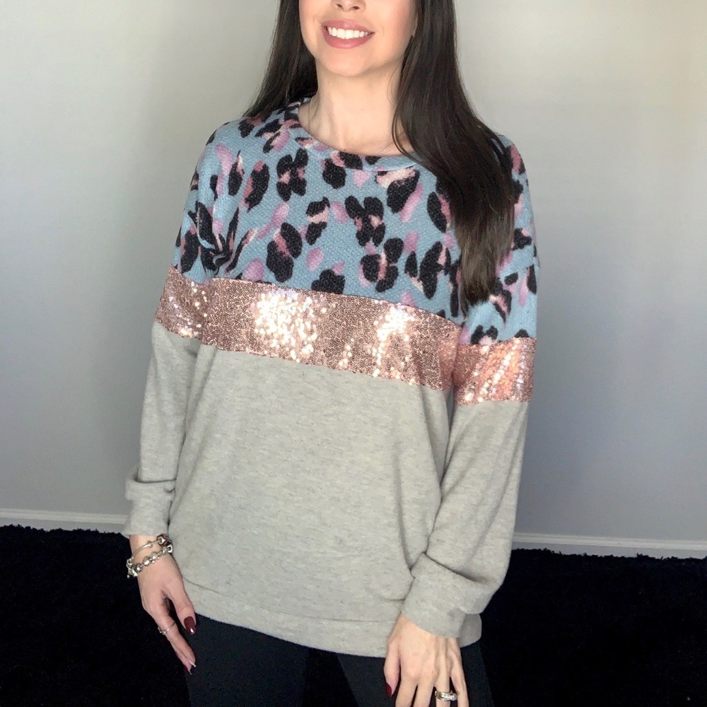 Leopard Print Color Block Sequin Sweater Top - image 1